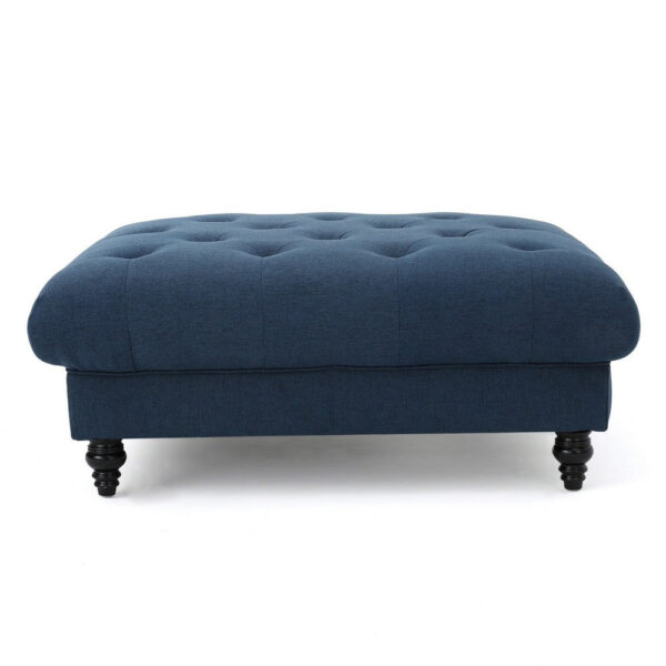 Capri Ottoman, Tufted Navy Blue Fabric, Birch Wood, Square 41 Inch