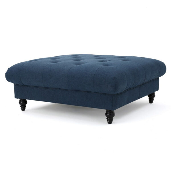 Capri Ottoman, Tufted Navy Blue Fabric, Birch Wood, Square 41 Inch
