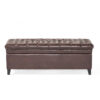Rhya Storage Ottoman Bench, Brown Faux Leather, Black Wood, 50 Inch
