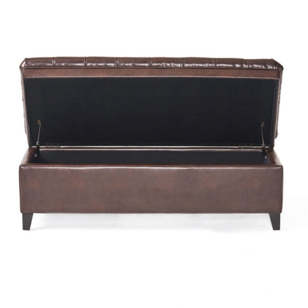 Rhya Storage Ottoman Bench, Brown Faux Leather, Black Wood, 50 Inch