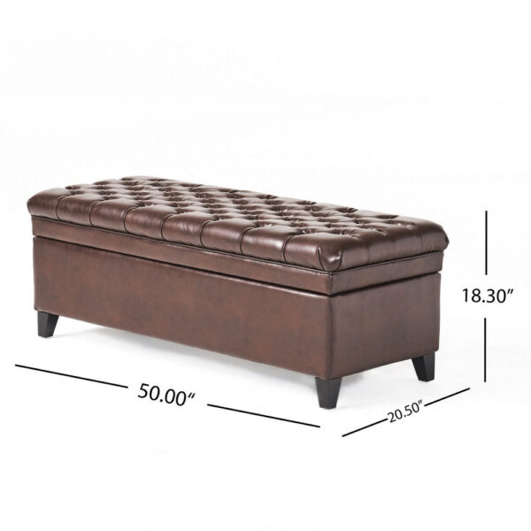 Rhya Storage Ottoman Bench, Brown Faux Leather, Black Wood, 50 Inch
