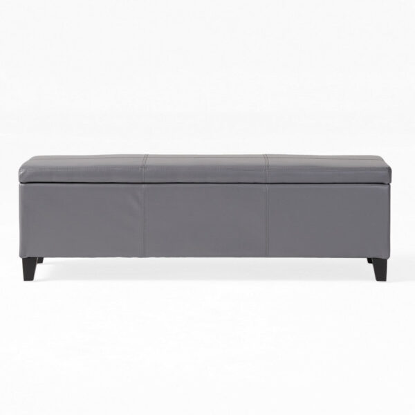 150220266991f474c2f6c.jpeg Elias Storage Ottoman Bench, Gray Faux Leather, Stitch Detail, 51 Inch