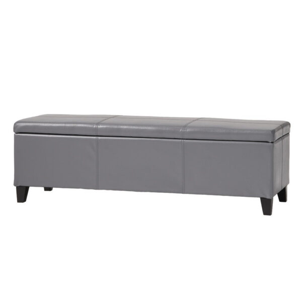 150220266991f47a2502c.jpeg Elias Storage Ottoman Bench, Gray Faux Leather, Stitch Detail, 51 Inch