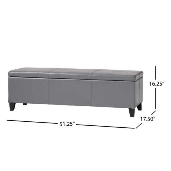 150220266991f47c84eb2.jpeg Elias Storage Ottoman Bench, Gray Faux Leather, Stitch Detail, 51 Inch