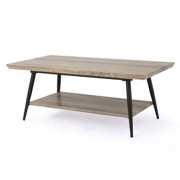 Coffee Table, 43 Inch Top, Black Metal Legs, Taupe Gray Wood Finish