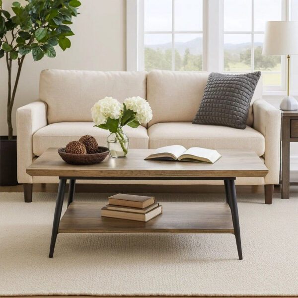 Coffee Table, 43 Inch Top, Black Metal Legs, Taupe Gray Wood Finish