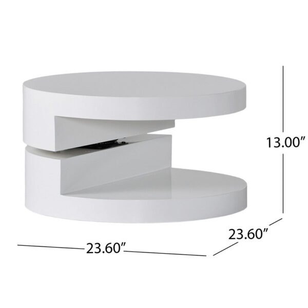 Coffee Table, Open Shelf, Rotating 24 Inch Modern Round White Top