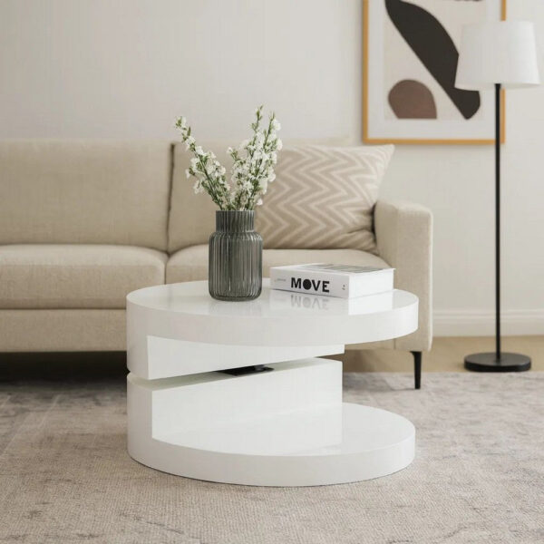 Coffee Table, Open Shelf, Rotating 24 Inch Modern Round White Top