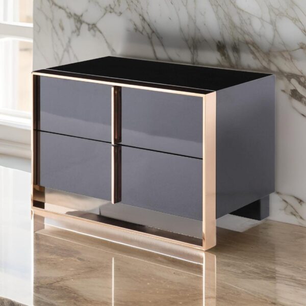 150220266991f522a96fc.jpeg Caer Nightstand, 2 Drawers, Modern Rose Gold Stainless Steel, Black