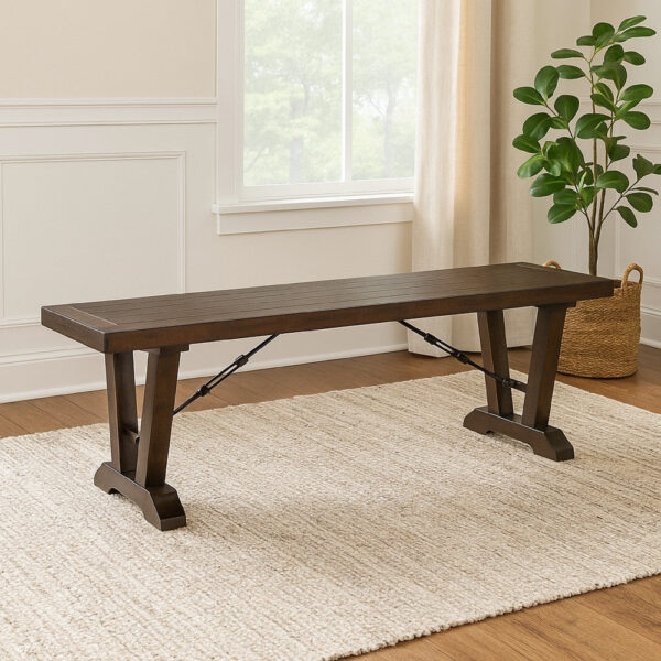 Flint Dining Bench with Turnbuckles, 70 Inch Dark Brown Mahogany Wood