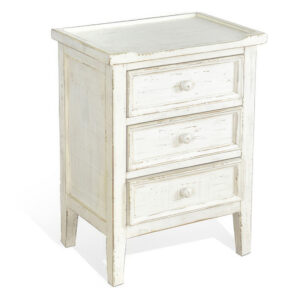 Rena Side End Table with 3 Drawers, 19 Inch Rustic White Mahogany Wood