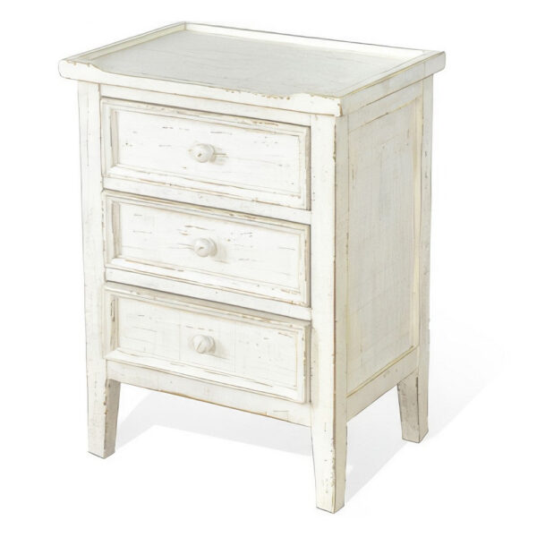 Rena Side End Table with 3 Drawers, 19 Inch Rustic White Mahogany Wood