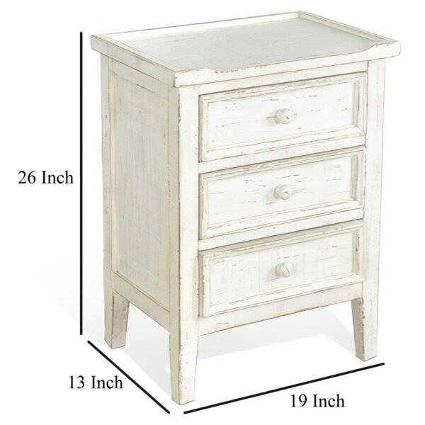 Rena Side End Table with 3 Drawers, 19 Inch Rustic White Mahogany Wood