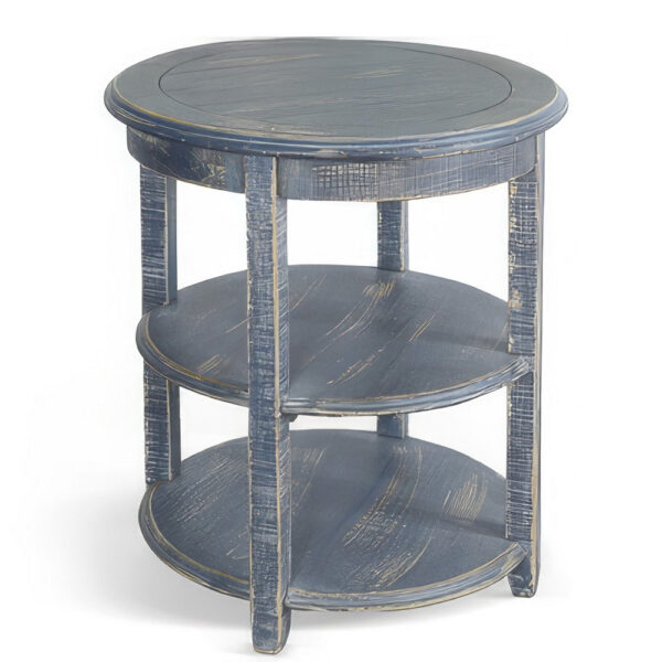 Rena Side End Table, Scallop Trim, 28 Inch Distressed Blue Mahogany