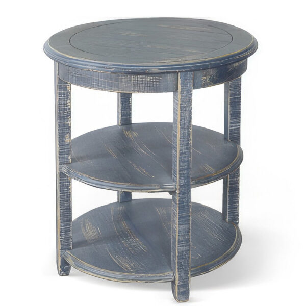 Rena Side End Table, Scallop Trim, 28 Inch Distressed Blue Mahogany