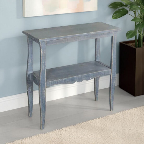 Rena Side End Table, Scallop Trim, 28 Inch Distressed Blue Mahogany