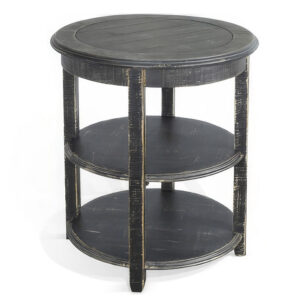 Rena Side End Table with 2 Shelves, 24 Inch Round Black Mahogany Wood