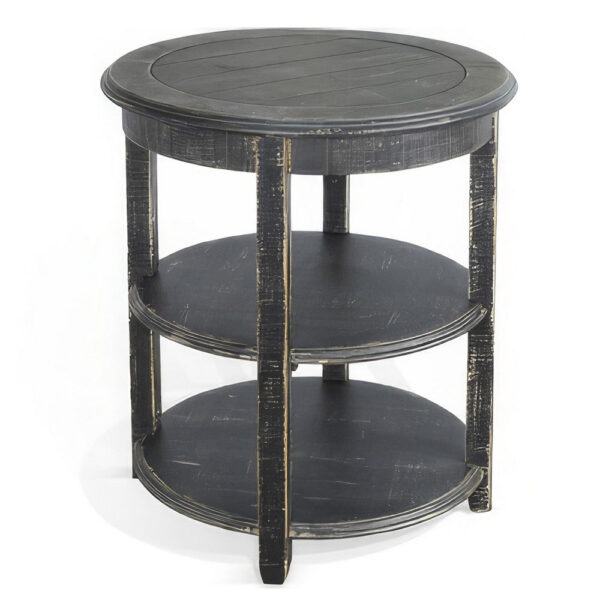 Rena Side End Table with 2 Shelves, 24 Inch Round Black Mahogany Wood