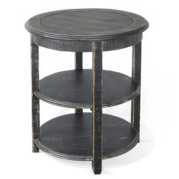 Rena Side End Table with 2 Shelves, 24 Inch Round Black Mahogany Wood