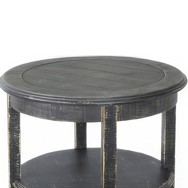 Rena Side End Table with 2 Shelves, 24 Inch Round Black Mahogany Wood