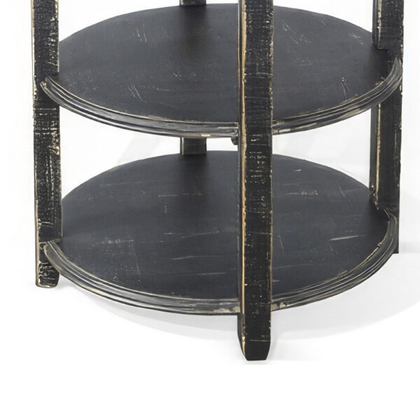 Rena Side End Table with 2 Shelves, 24 Inch Round Black Mahogany Wood