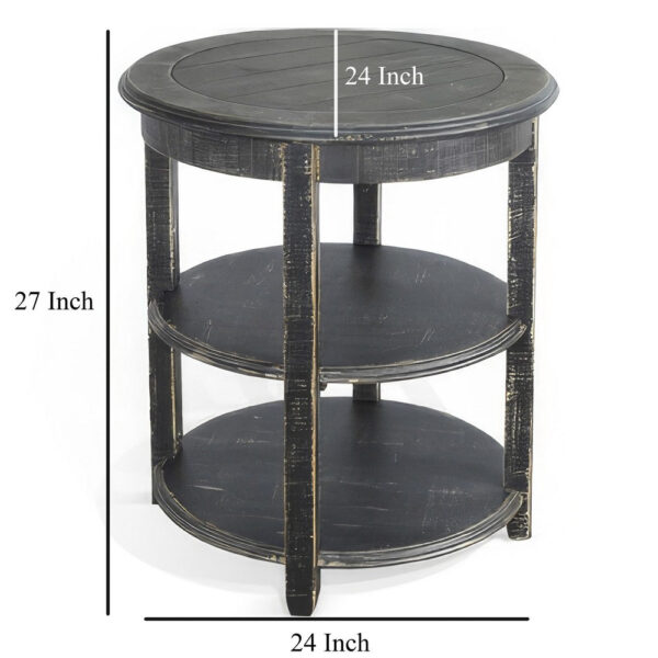 Rena Side End Table with 2 Shelves, 24 Inch Round Black Mahogany Wood