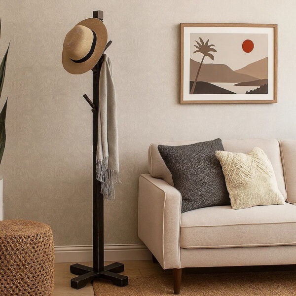 Rena Coat, Hat Rack Stand, 8 Wood Stems, 72 Inch Rustic Black Mahogany