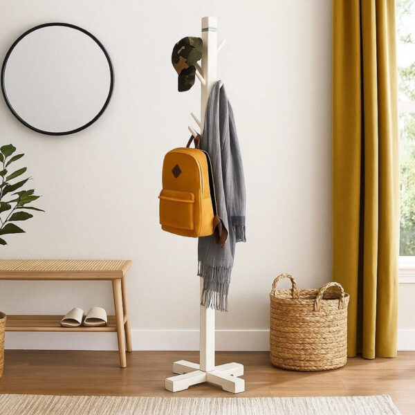 Rena Coat, Hat Rack Stand, 8 Wood Stems, 72 Inch Rustic White Mahogany