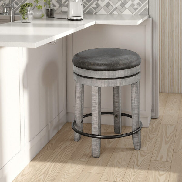 Zeka Swivel Counter Stool Set of 2, Rich Black Faux Leather, Gray