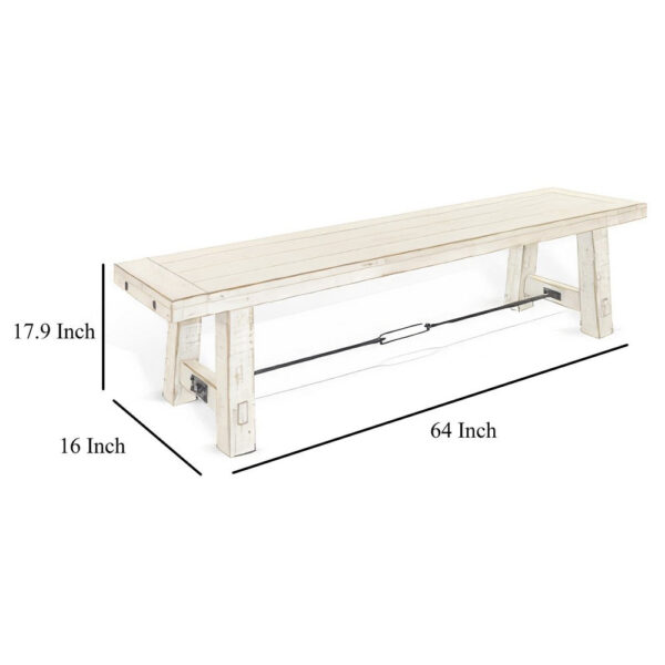 Rena Dining Bench, Turnbuckle Accent, 64 Inch White Mahogany Wood
