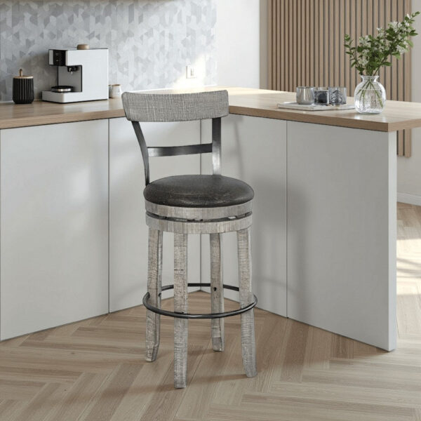 Zeka Swivel Barstool Chair Set of 2, Faux Leather, Gray Mahogany Wood