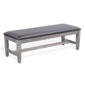 Camie Dining Bench, 56 Inch Faux Leather Seat, Gray Mahogany Wood