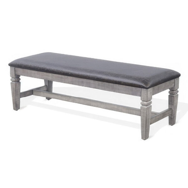 150220266991f7854518a.jpeg Camie Dining Bench, 56 Inch Faux Leather Seat, Gray Mahogany Wood