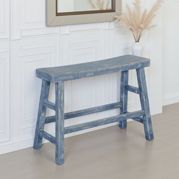 Rena Counter Height Bench | Trestle Legs with Footrests | 33" Wide Ocean Blue Mahogany Wood Frame