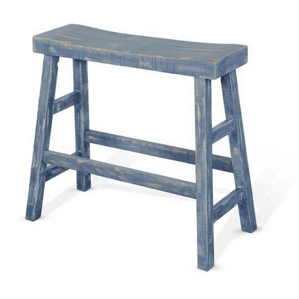 Rena Bar Height Bench | Trestle Legs with Footrests | 33" Wide Rustic Ocean Blue Mahogany Wood