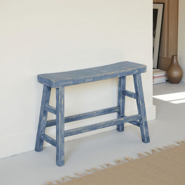 Rena Bar Height Bench | Trestle Legs with Footrests | 33" Wide Rustic Ocean Blue Mahogany Wood