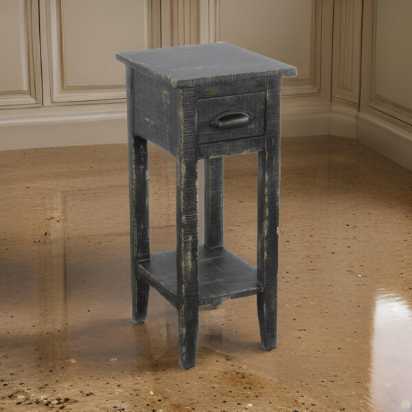 150220266991f80af40a4.jpeg Rena Chairside Table w Drawer and Shelf, 14 Inch Black Mahogany Wood