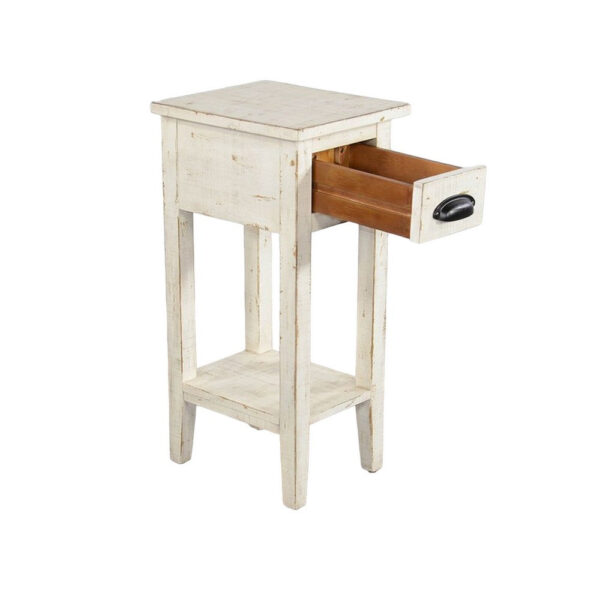 150220266991f8263d3b7.jpeg Rena Chairside Table, Drawer and Shelf, 14 Inch White Mahogany Wood