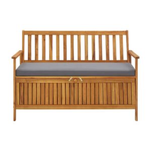 Outdoor Storage Bench, Brown Solid Acacia Wood, Gray Fabric, 47 Inch