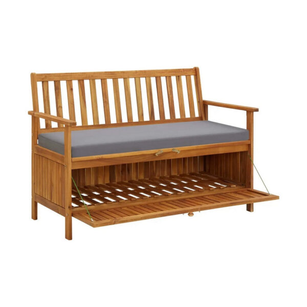 Outdoor Storage Bench, Brown Solid Acacia Wood, Gray Fabric, 47 Inch