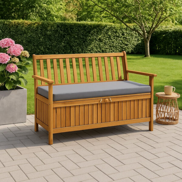 Outdoor Storage Bench, Brown Solid Acacia Wood, Gray Fabric, 47 Inch