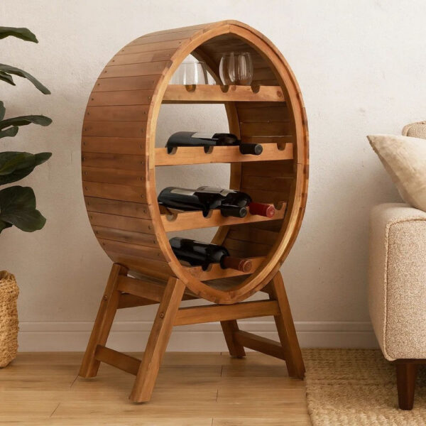 Oval Wine Rack, 13 Bottles, 35 Inch Tall Brown Solid Acacia Wood Frame