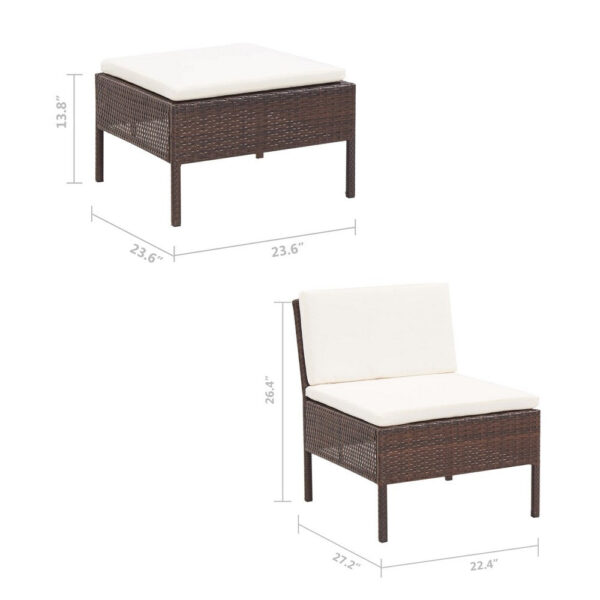 Modular 3pc Outdoor Lounger Sofa, Brown Poly Rattan, Ivory Fabric