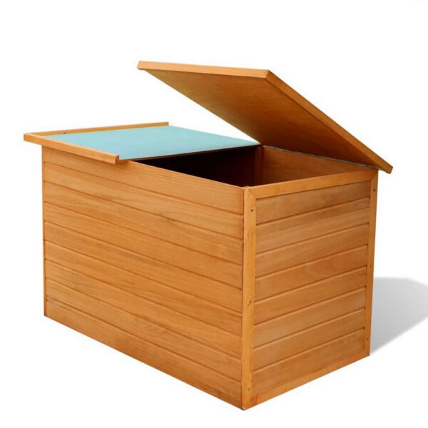 Outdoor Deck Patio Storage Box, Hinged Lift Top, Brown Wood 28x28x50