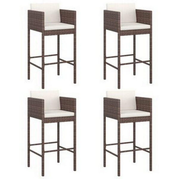 4pc Outdoor Barstool Chair Set, White Cushion, Brown Rattan, 30 Inch