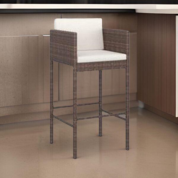 4pc Outdoor Barstool Chair Set, White Cushion, Brown Rattan, 30 Inch