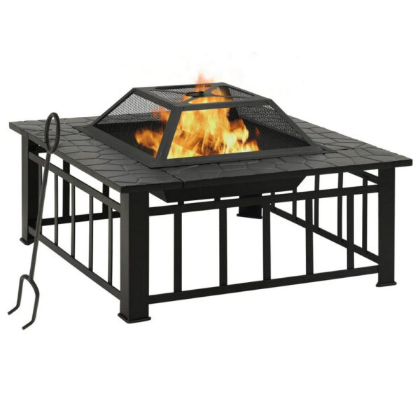 Outdoor Fire Pit with Poker and Mesh Cover, 32 Inch Black Steel Frame