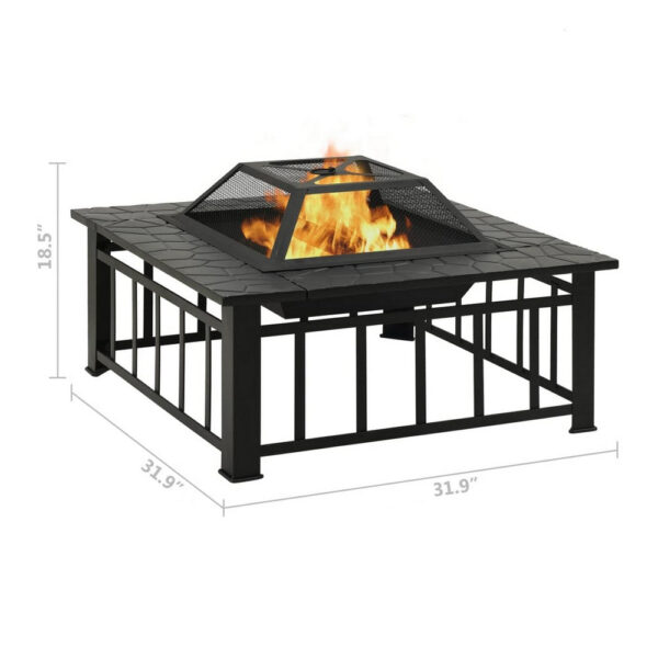 Outdoor Fire Pit with Poker and Mesh Cover, 32 Inch Black Steel Frame