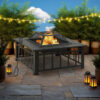Outdoor Fire Pit with Poker and Mesh Cover, 32 Inch Black Steel Frame
