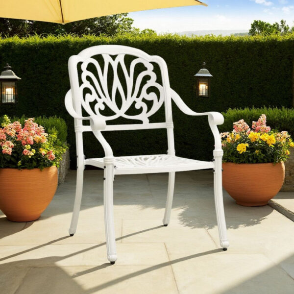 Outdoor Patio Chairs Set of 2, Floral Pattern Backrest, White Aluminum